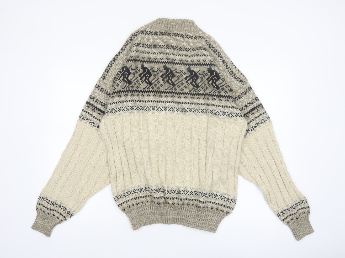 Comfort Zone Men’s Beige Fair Isle Cable-Knit Pullover Jumper XL