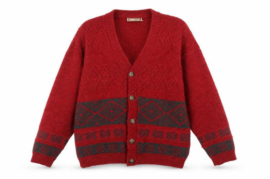 Front view of Luidiana Company Men's Red Wool Alpaca Cardigan M Fair Isle Knit