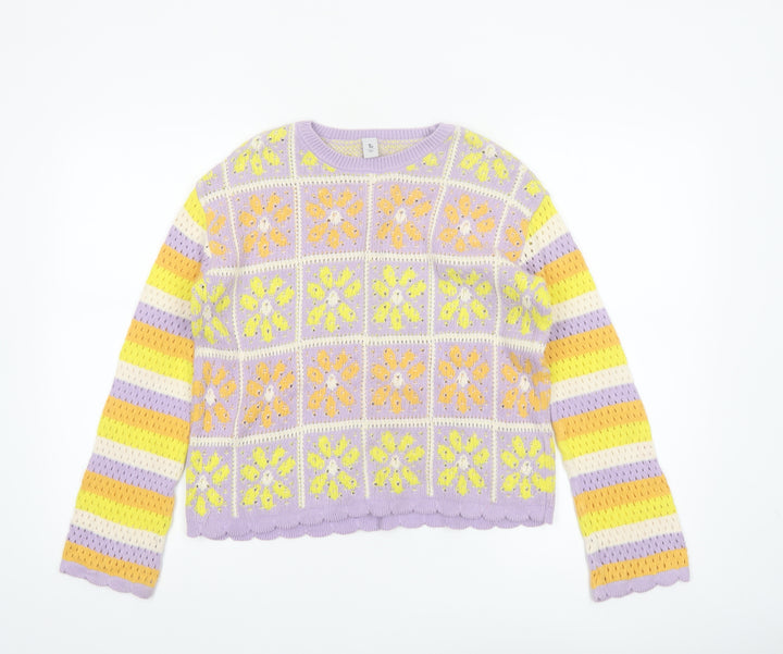 Tu Girls Lilac Yellow Crochet Knit Cotton Pullover Jumper 12 Years
