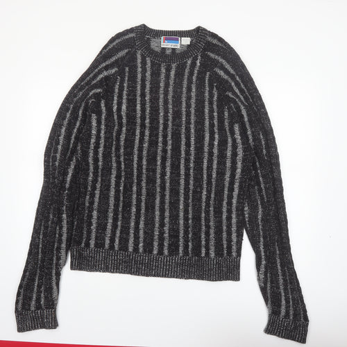 Sweater Graphix Men's Black Striped Acrylic Crew Neck Jumper L Vintage