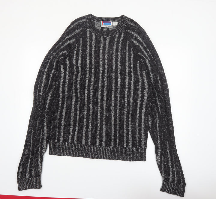 Sweater Graphix Men's Black Striped Acrylic Crew Neck Jumper L Vintage
