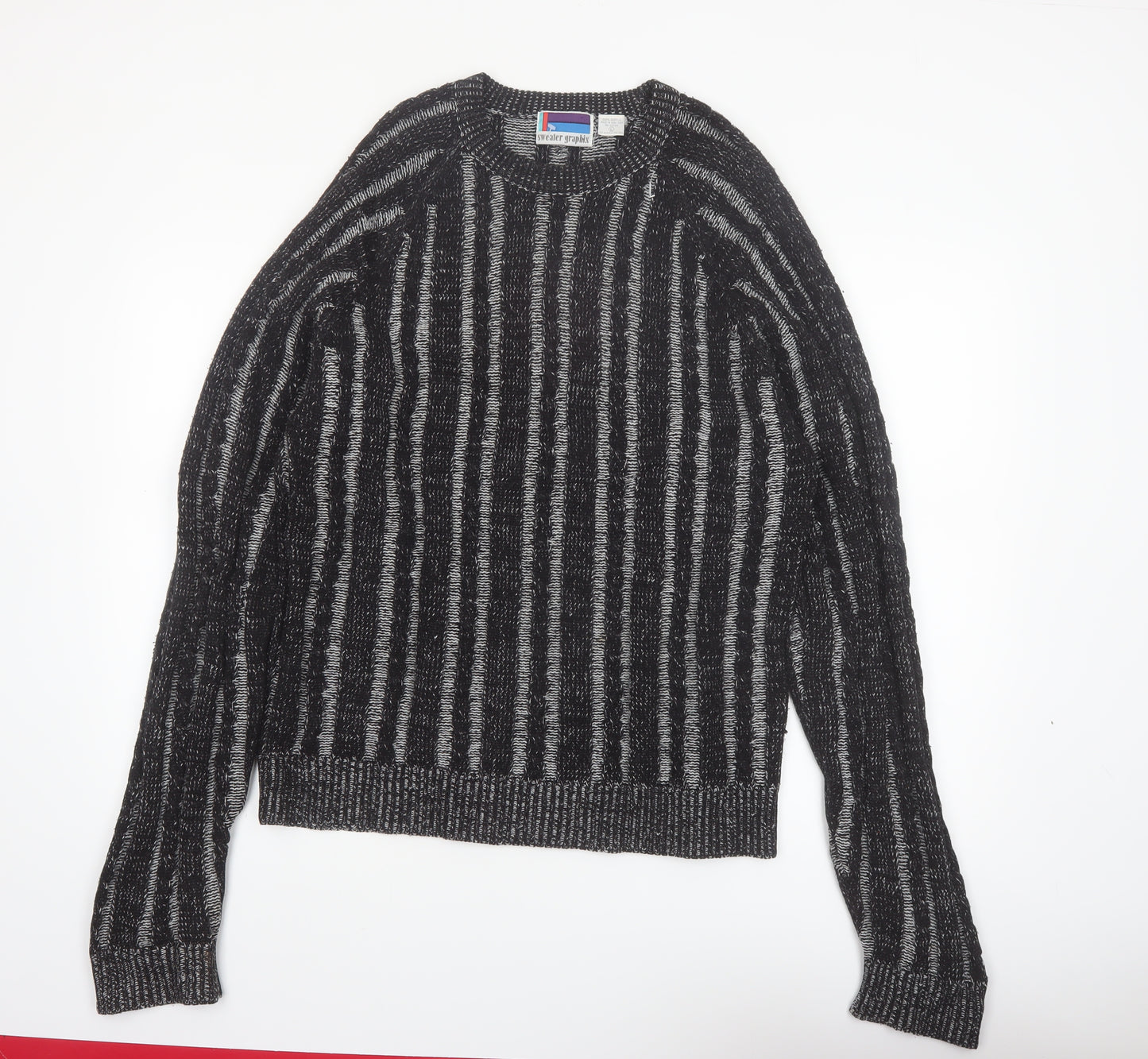 Sweater Graphix Men's Black Striped Acrylic Crew Neck Jumper L Vintage