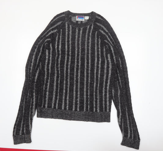 Sweater Graphix Men's Black Striped Acrylic Crew Neck Jumper L Vintage