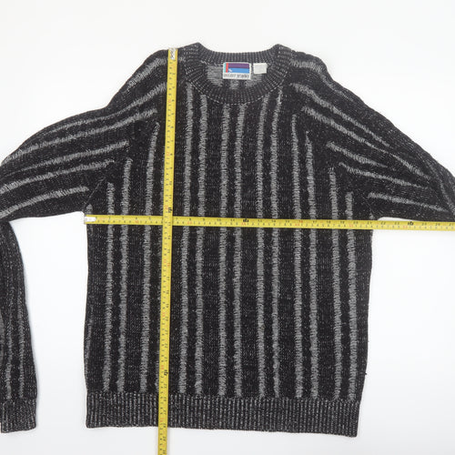 Sweater Graphix Men's Black Striped Acrylic Crew Neck Jumper L Vintage