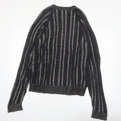 Sweater Graphix Men's Black Striped Acrylic Crew Neck Jumper L Vintage