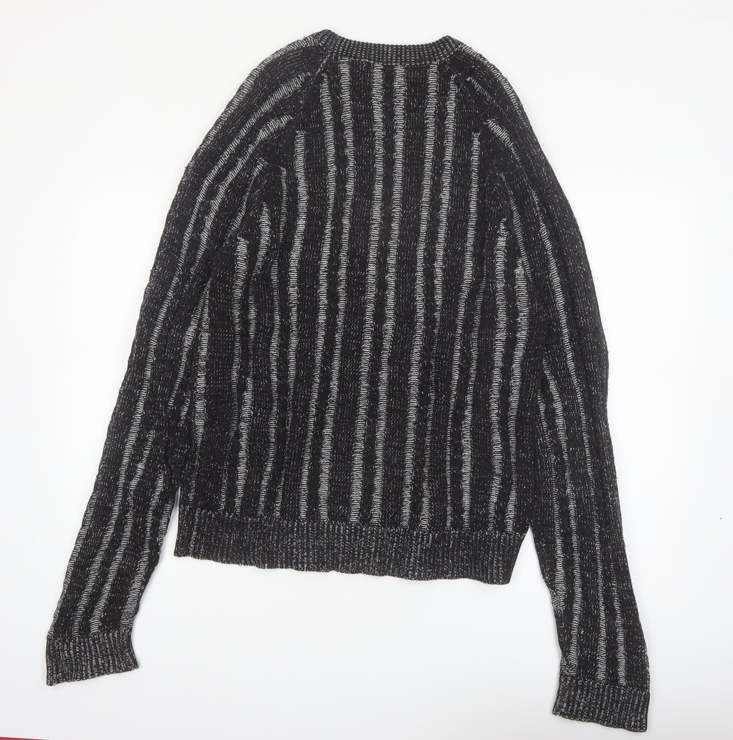 Sweater Graphix Men's Black Striped Acrylic Crew Neck Jumper L Vintage