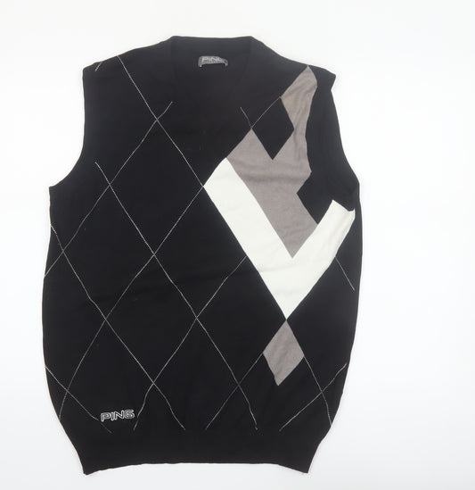 PING Mens Black Argyle Cotton Golf Vest M Sleeveless Classic Knit