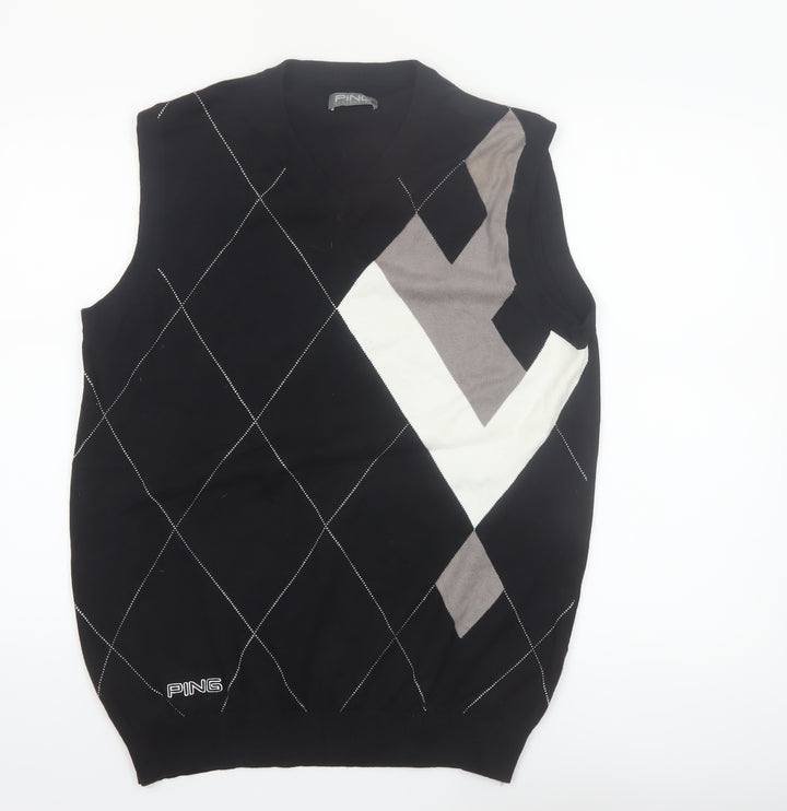 PING Mens Black Argyle Cotton Golf Vest M Sleeveless Classic Knit