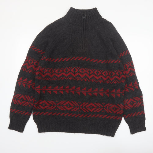 R&R Mens Black Red Fair Isle Half Zip Wool Blend Jumper M