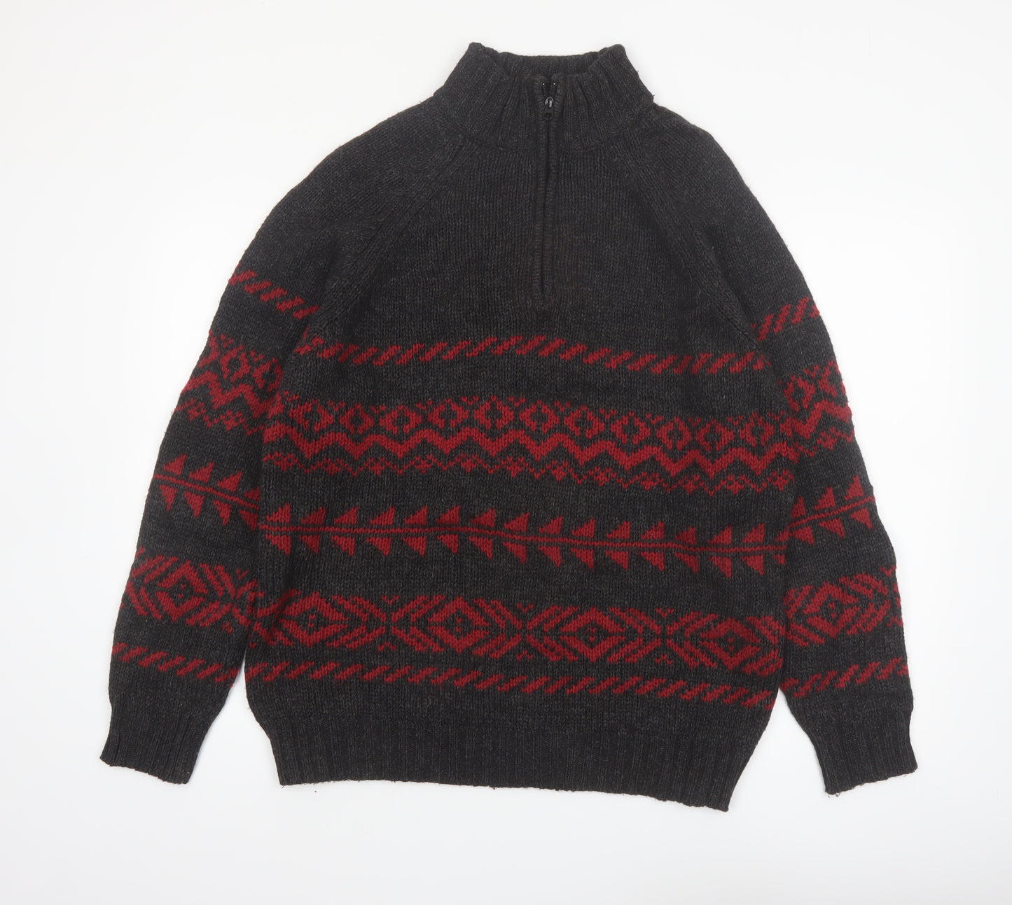 R&R Mens Black Red Fair Isle Half Zip Wool Blend Jumper M