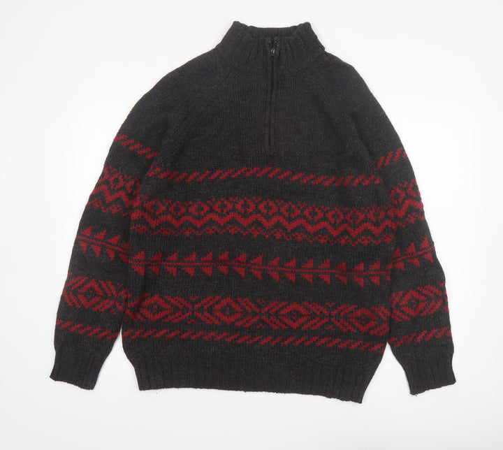 R&R Mens Black Red Fair Isle Half Zip Wool Blend Jumper M