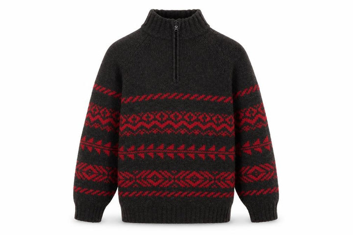 R&R Mens Black Red Fair Isle Half Zip Wool Blend Jumper M