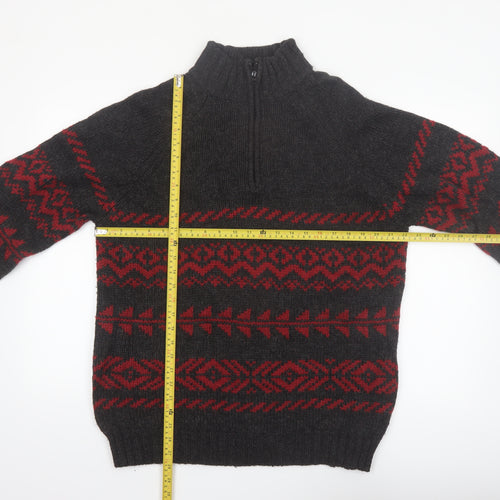 R&R Mens Black Red Fair Isle Half Zip Wool Blend Jumper M