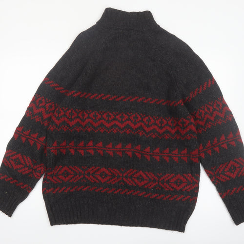 R&R Mens Black Red Fair Isle Half Zip Wool Blend Jumper M