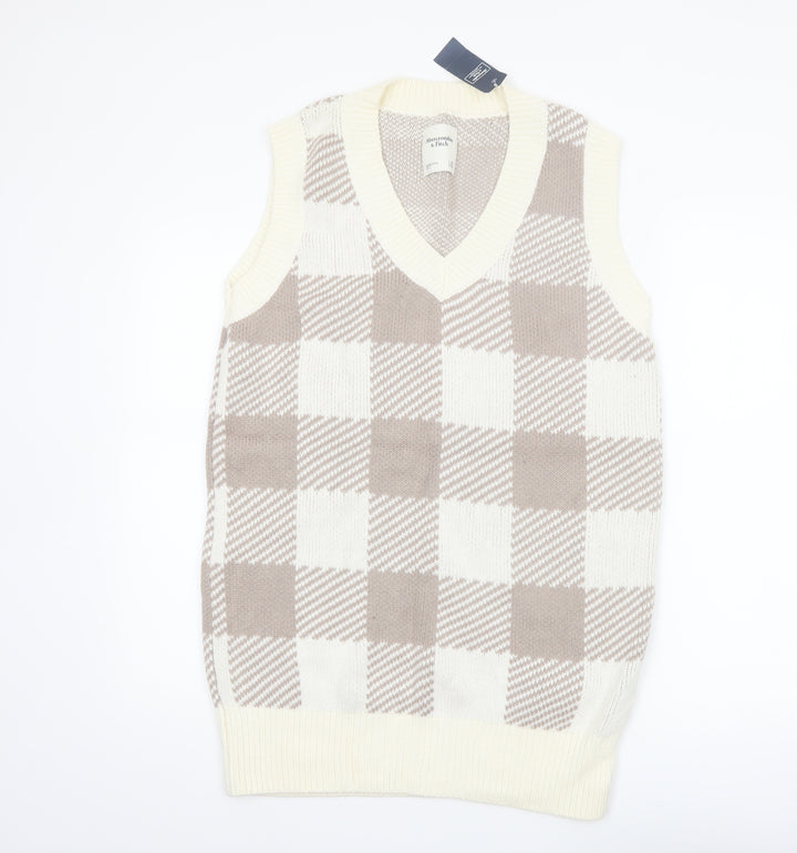 Abercrombie & Fitch Women's Beige Check Knit V-Neck Vest XS