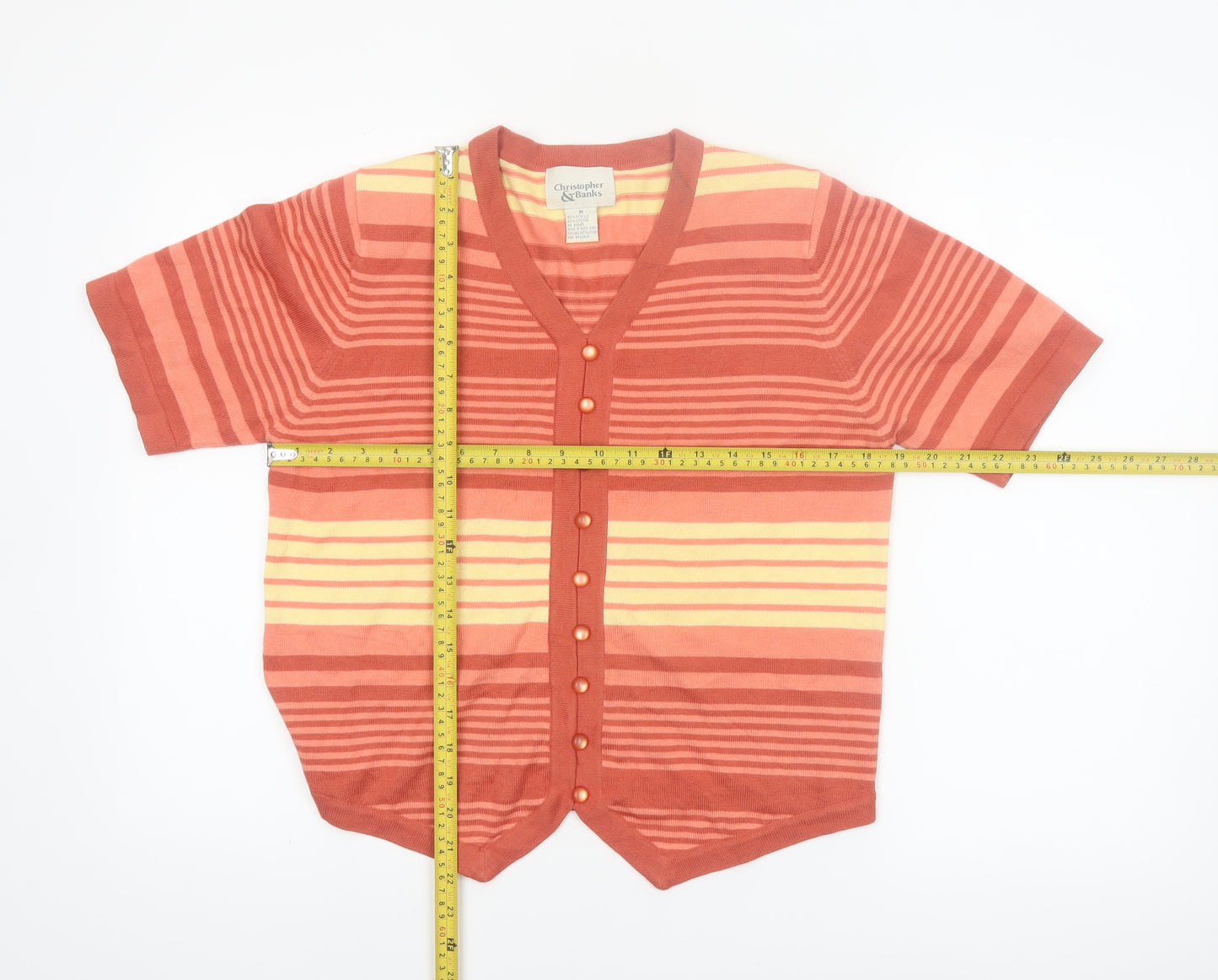 Christopher & Banks Women's Multicoloured Striped Cardigan M V-Neck Short Sleeve
