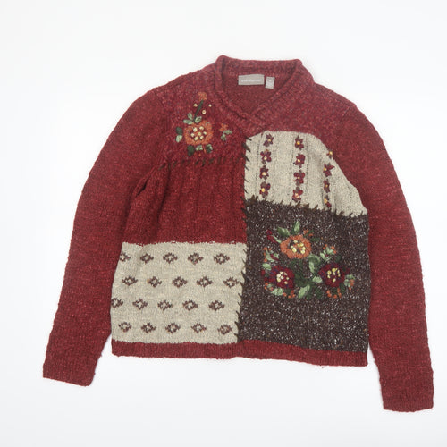 Croft & Barrow Women Red Patchwork Floral Embroidered Knit Jumper Size M