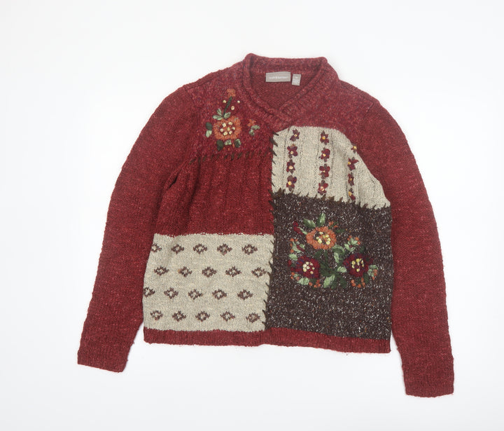 Croft & Barrow Women Red Patchwork Floral Embroidered Knit Jumper Size M