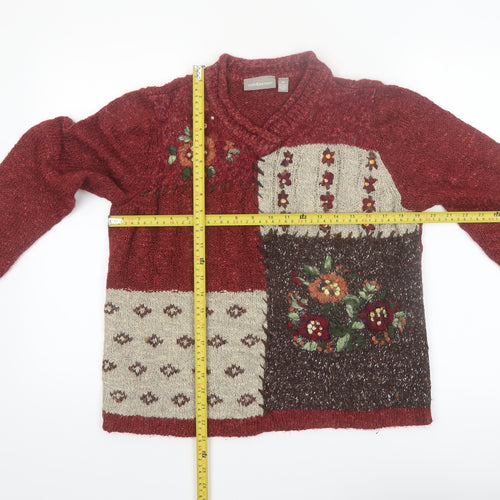 Croft & Barrow Women Red Patchwork Floral Embroidered Knit Jumper Size M