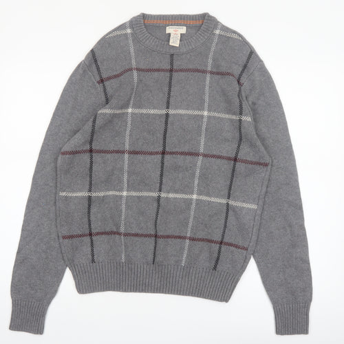 Dockers Men's Grey Check Cotton Crew Neck Pullover Jumper Medium