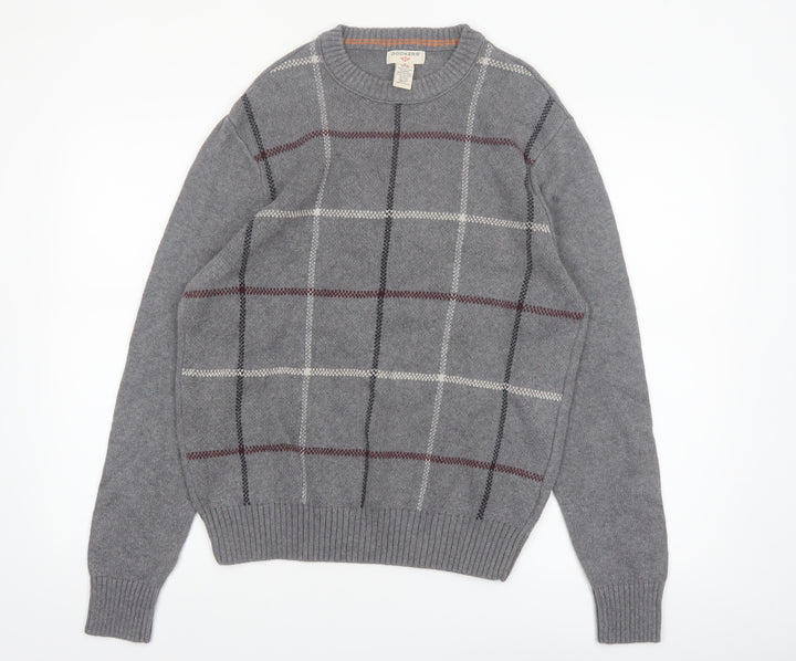 Dockers Men's Grey Check Cotton Crew Neck Pullover Jumper Medium