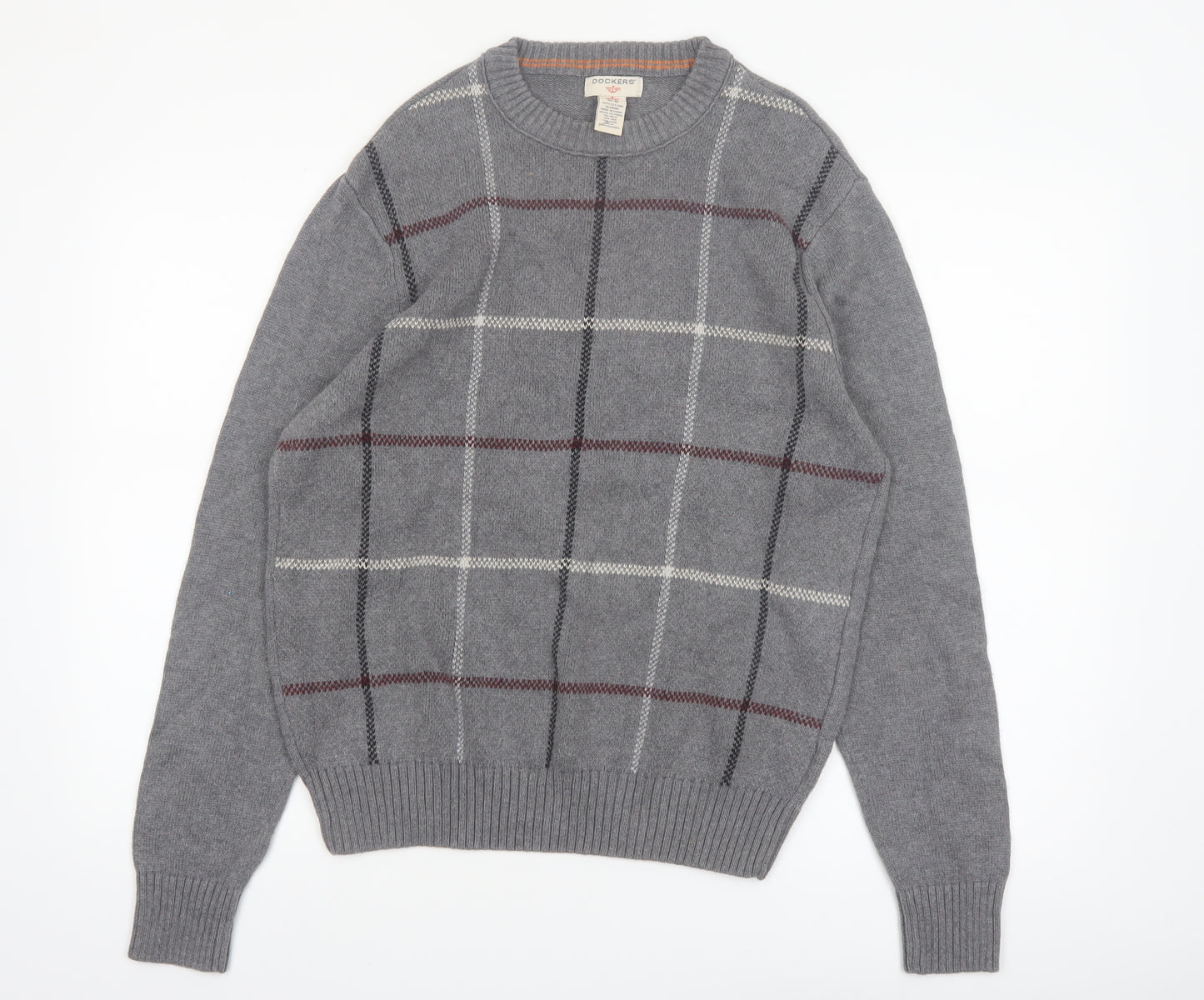 Dockers Men's Grey Check Cotton Crew Neck Pullover Jumper Medium