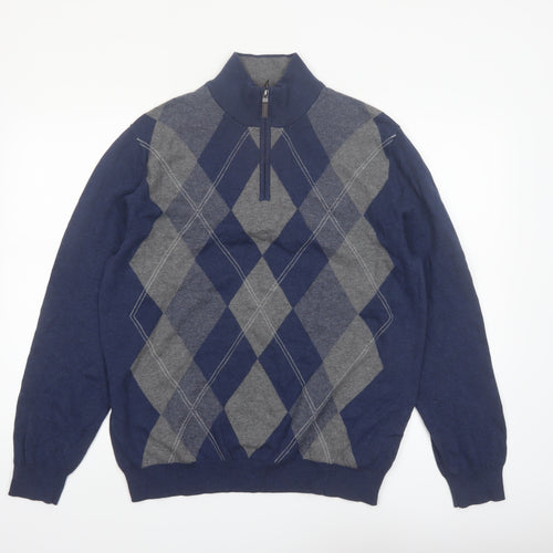 Tasso Elba Men’s Blue Argyle Cotton 1/2 Zip Jumper Size L