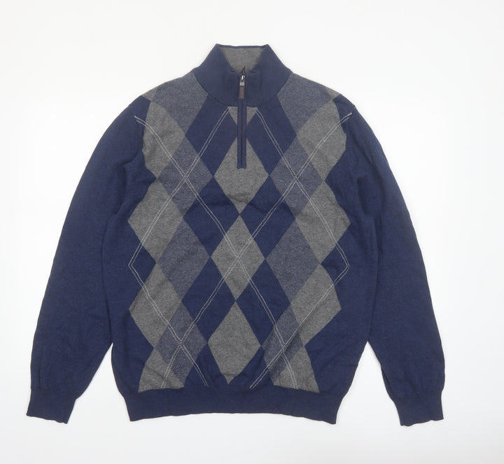 Tasso Elba Men’s Blue Argyle Cotton 1/2 Zip Jumper Size L