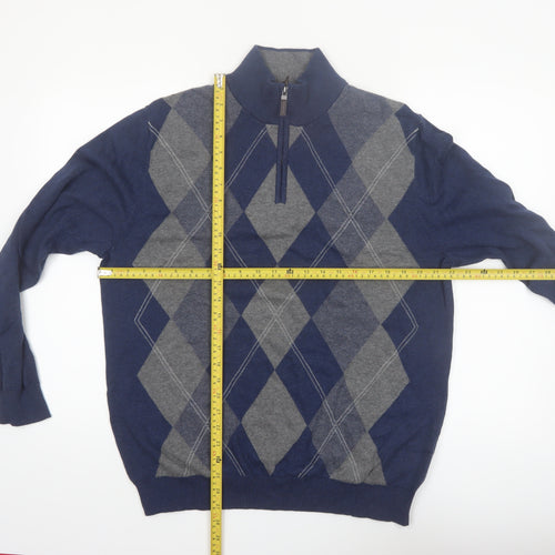 Tasso Elba Men’s Blue Argyle Cotton 1/2 Zip Jumper Size L