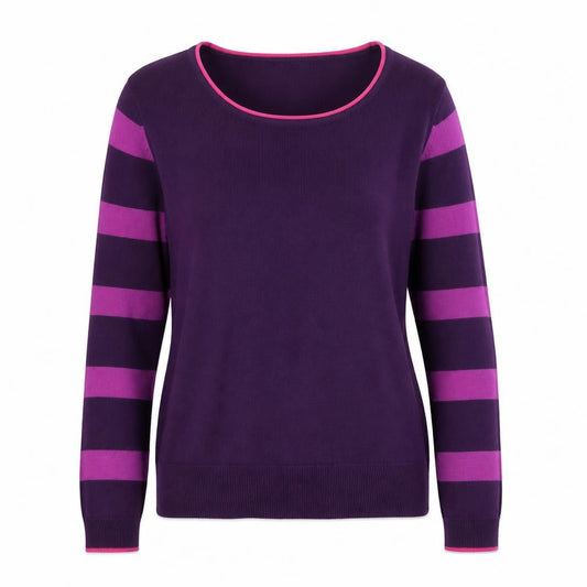 Front view of M&Co Women Purple Striped Button Back Long Sleeve Knit Cardigan, size 14