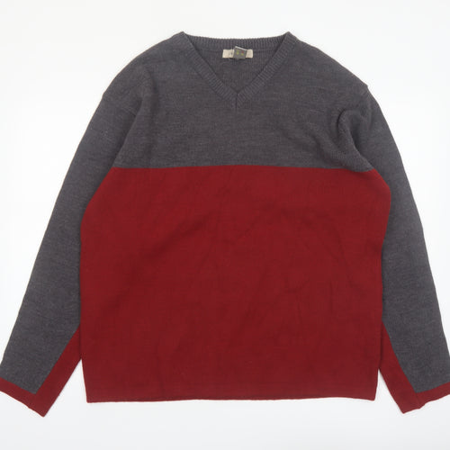 Retreat Men's Grey Red V-Neck Acrylic Pullover Jumper L