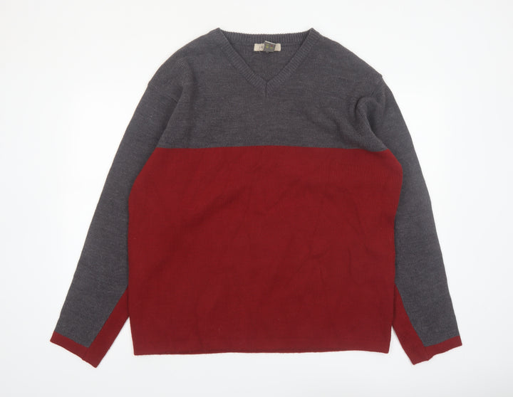Retreat Men's Grey Red V-Neck Acrylic Pullover Jumper L