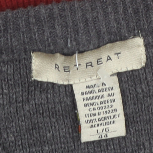 Retreat Men's Grey Red V-Neck Acrylic Pullover Jumper L