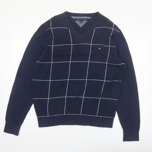 Tommy Hilfiger Men’s Blue V-Neck Check Cotton Pullover Jumper Size L