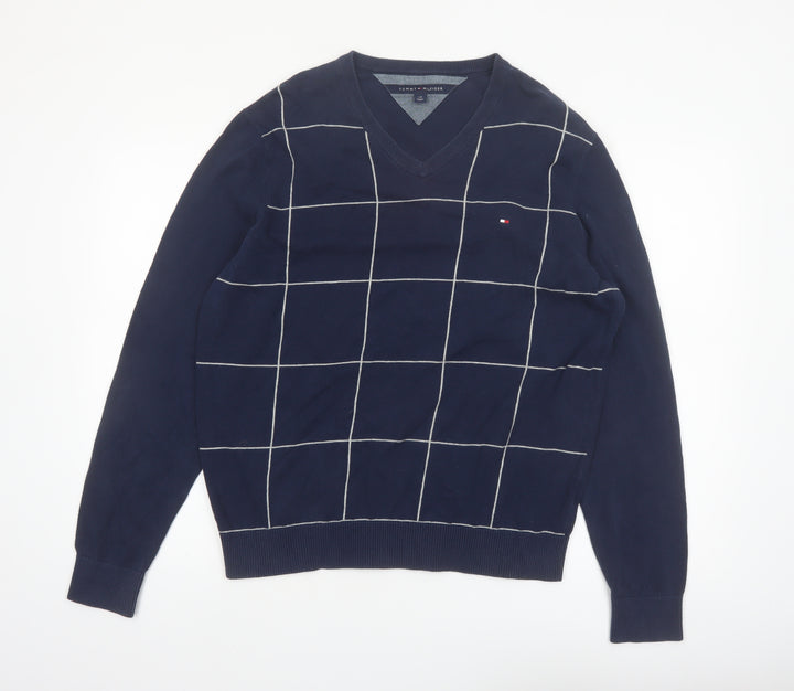 Tommy Hilfiger Men’s Blue V-Neck Check Cotton Pullover Jumper Size L
