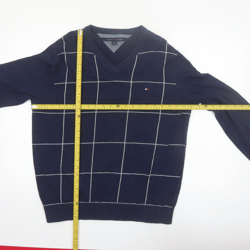 Tommy Hilfiger Men’s Blue V-Neck Check Cotton Pullover Jumper Size L