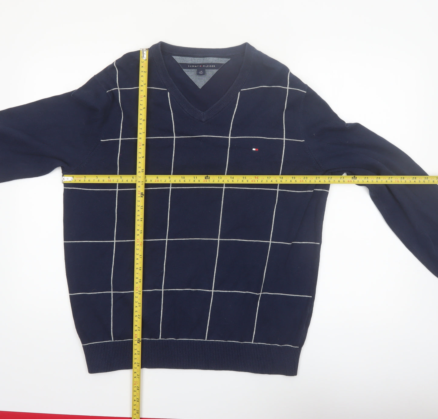 Tommy Hilfiger Men’s Blue V-Neck Check Cotton Pullover Jumper Size L