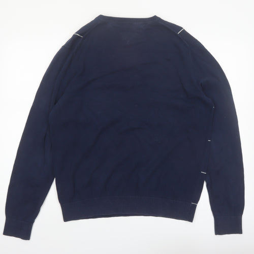 Tommy Hilfiger Men’s Blue V-Neck Check Cotton Pullover Jumper Size L