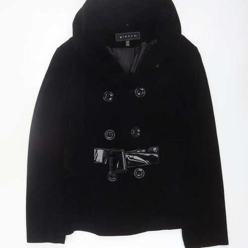 Giacca Women's Black Velvet Short Belted Pea Coat Jacket L