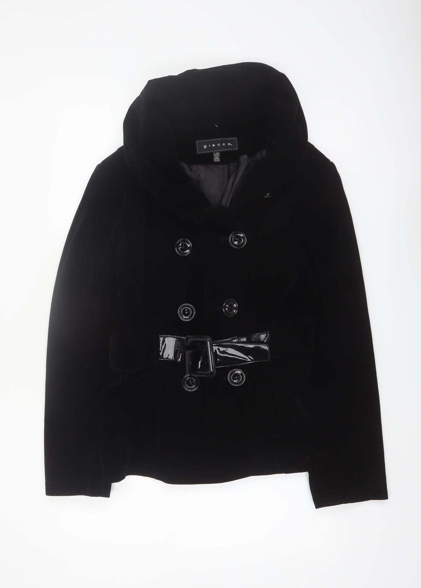 Giacca Women's Black Velvet Short Belted Pea Coat Jacket L