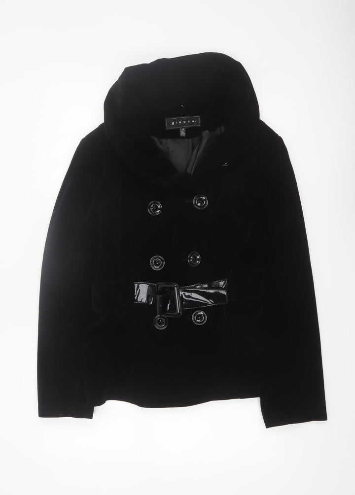 Giacca Women's Black Velvet Short Belted Pea Coat Jacket L