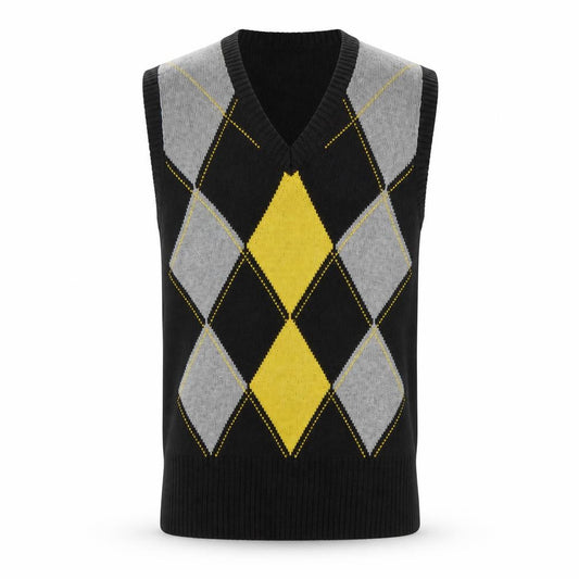 Front view of Casa Blanca Men's Black Argyle V-Neck Cotton Knit Vest L