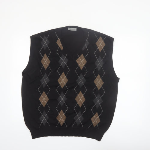 Gianni De Luca Men's Black Argyle Wool Blend V-Neck Vest XL