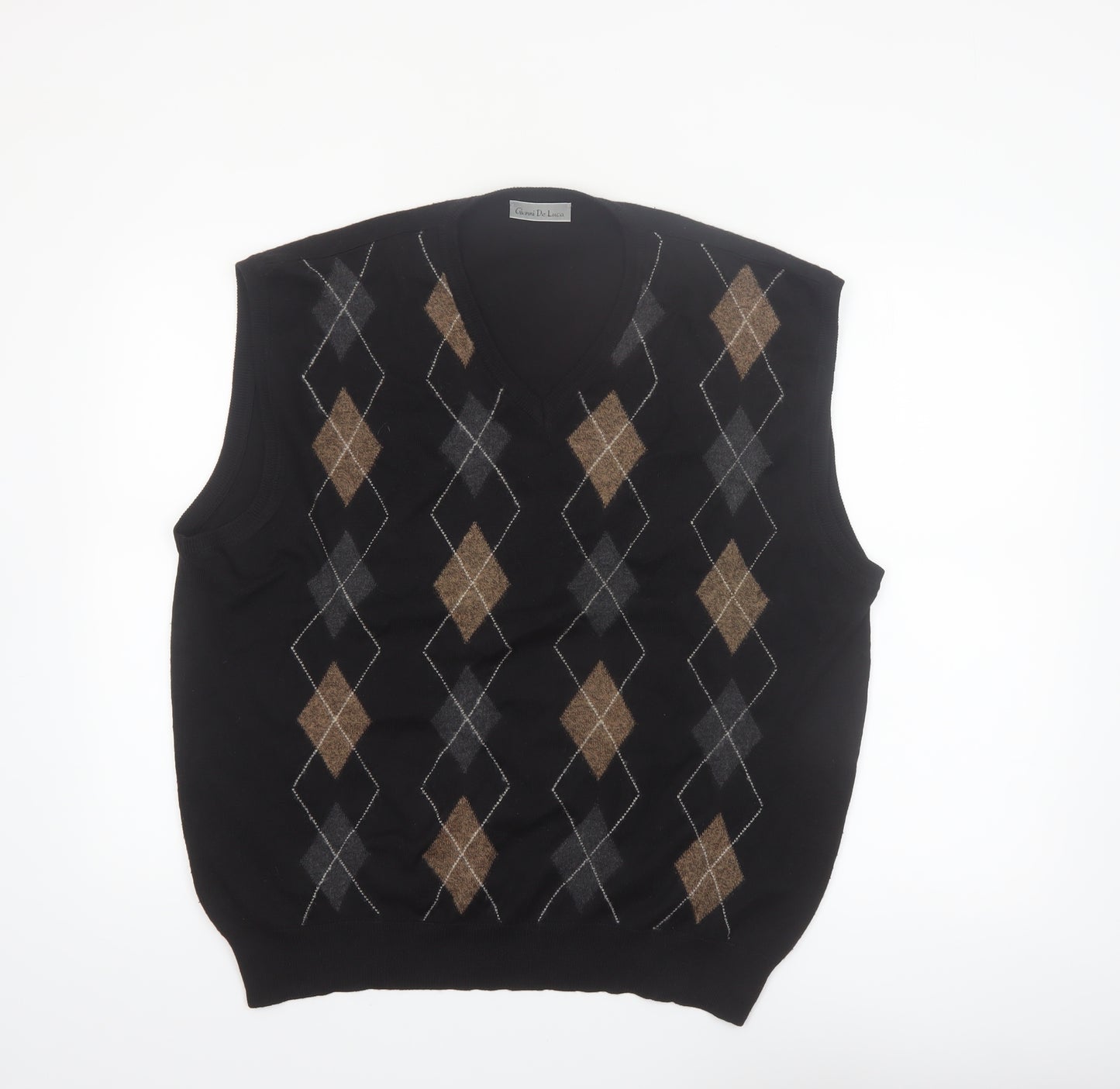 Gianni De Luca Men's Black Argyle Wool Blend V-Neck Vest XL