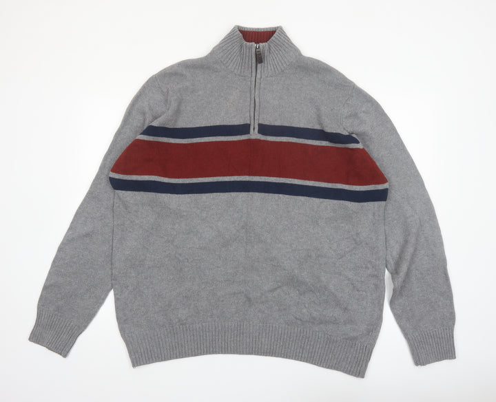 Eddie Bauer Men's Grey XL Half Zip Cotton Jumper High Neck Knit