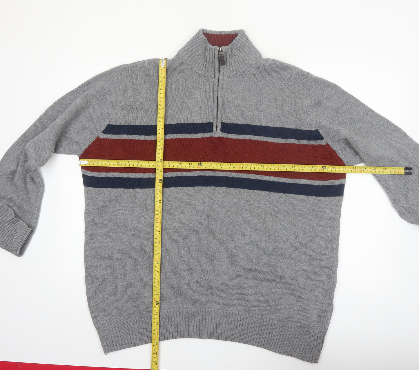 Eddie Bauer Men's Grey XL Half Zip Cotton Jumper High Neck Knit