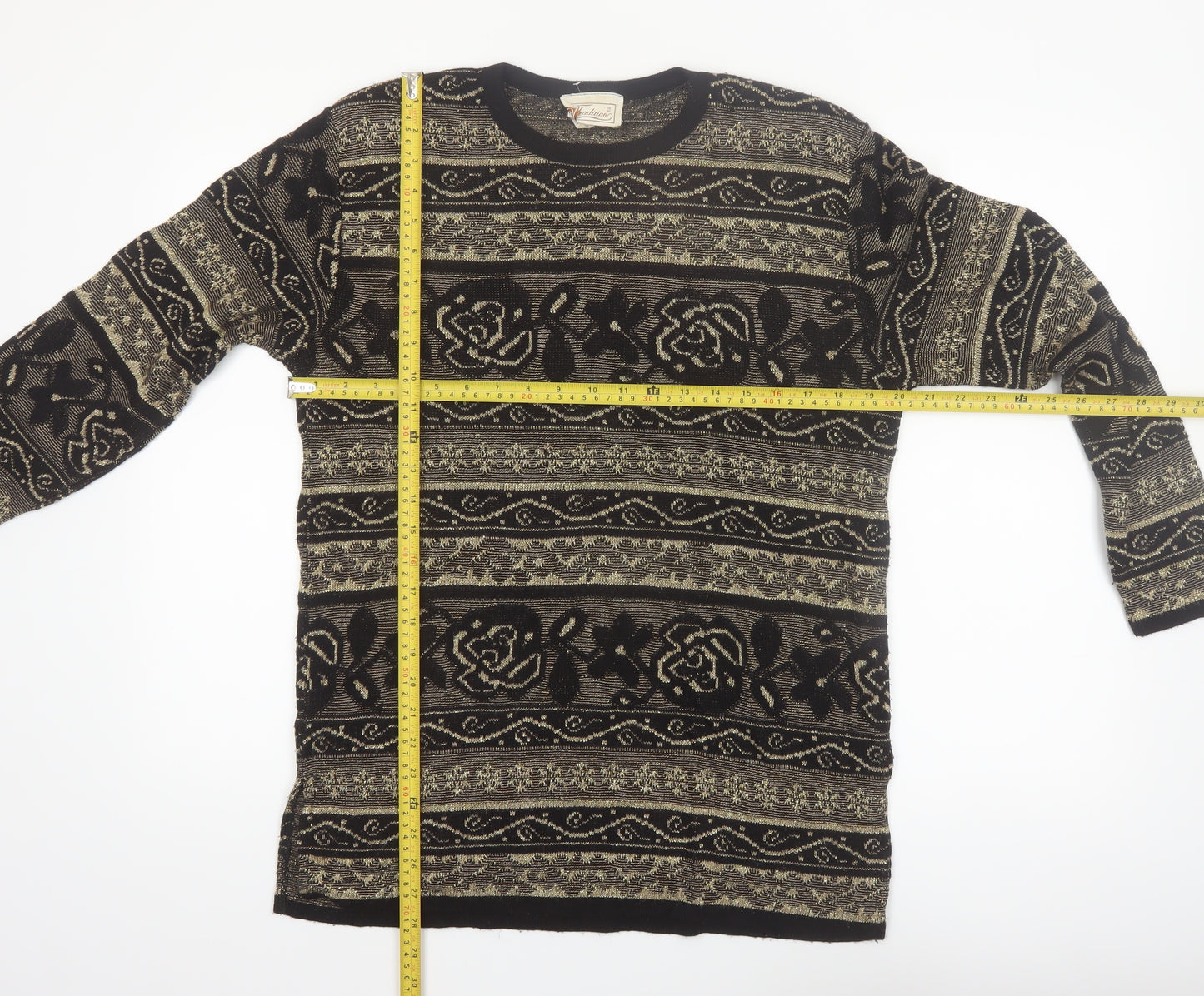 Tradition Womens Black Metallic Floral Knit Pullover Jumper M