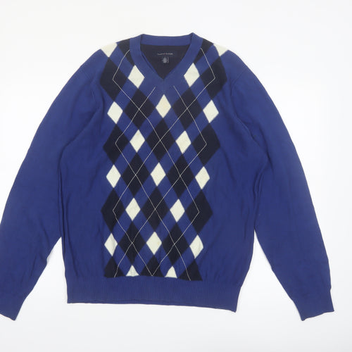 Tommy Hilfiger Men's Blue Argyle V-Neck Cotton Jumper Size M
