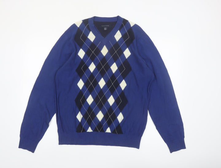 Tommy Hilfiger Men's Blue Argyle V-Neck Cotton Jumper Size M