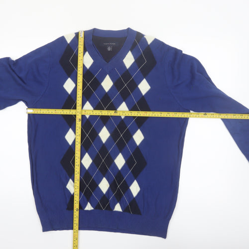 Tommy Hilfiger Men's Blue Argyle V-Neck Cotton Jumper Size M